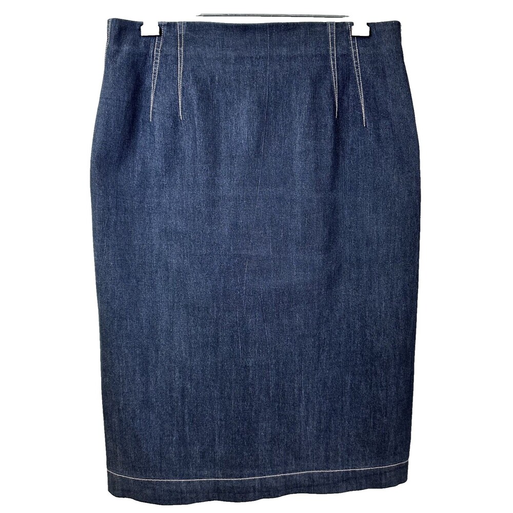 Byron Lars Navy Blue Denim Cotton Blend A-Line Pleated Back Midi Skirt Sz 8